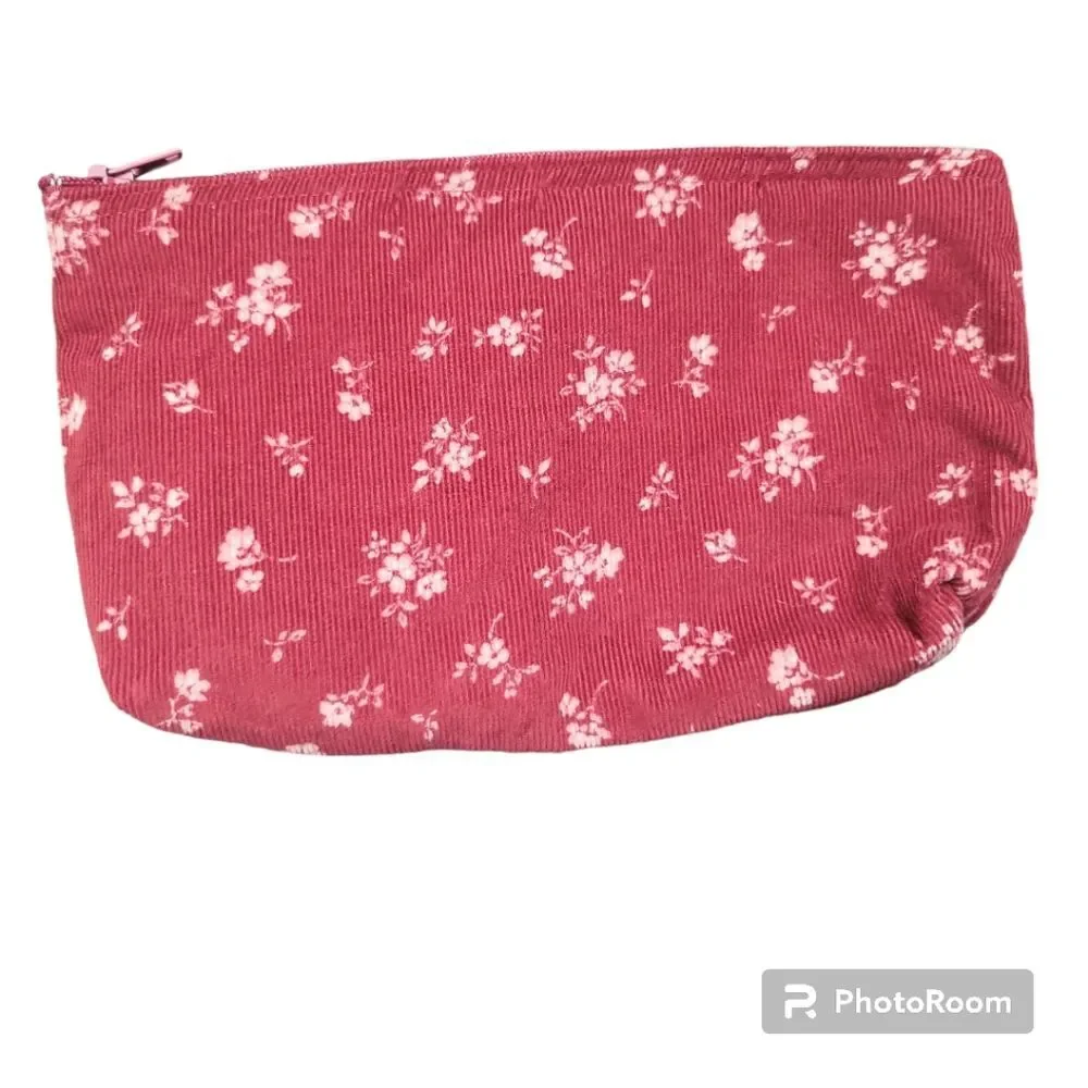 Cute Little Red Corduroy Floral Make Up Bag
